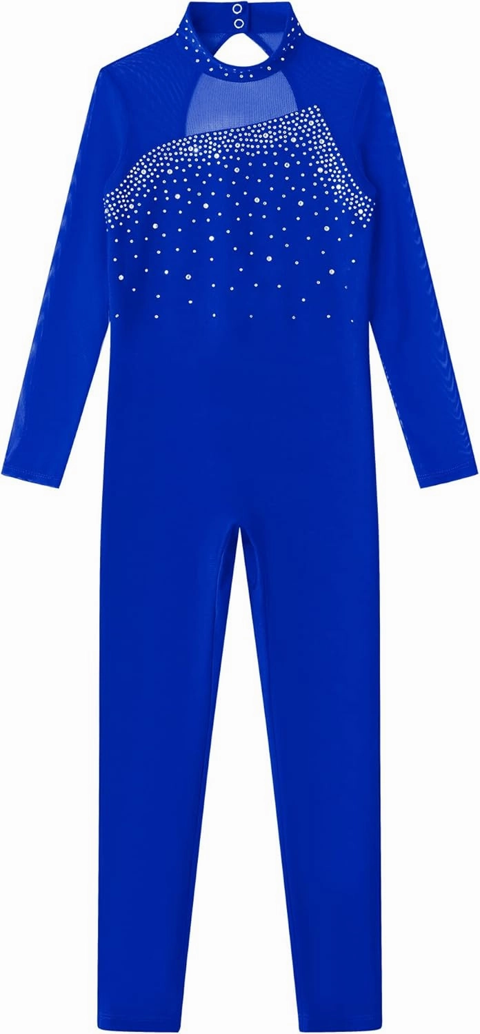 Kids Girls Long Sleeve Dance Gymnastics Leotard Full Body Rhinestone Figure Ice Skating Unitard Jumpsuit