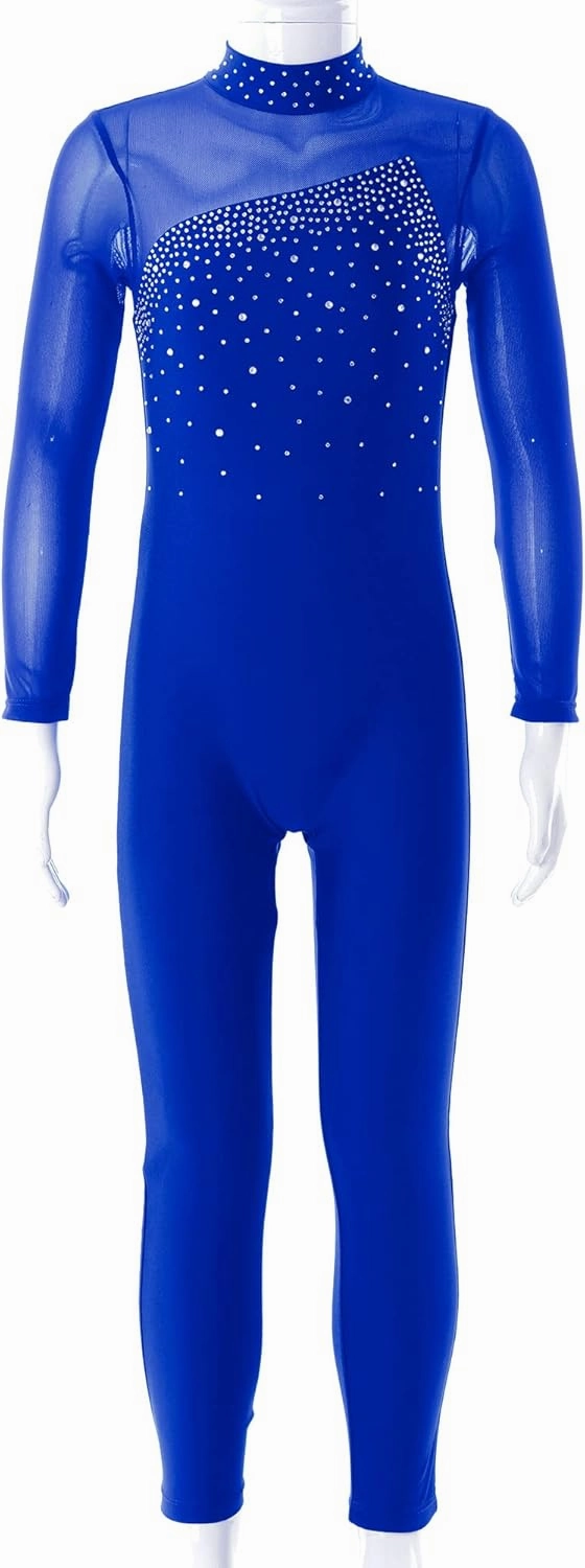 Kids Girls Long Sleeve Dance Gymnastics Leotard Full Body Rhinestone Figure Ice Skating Unitard Jumpsuit