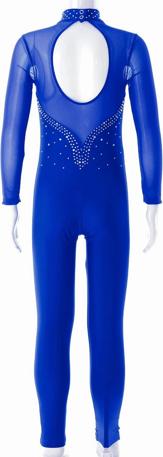 Kids Girls Long Sleeve Dance Gymnastics Leotard Full Body Rhinestone Figure Ice Skating Unitard Jumpsuit