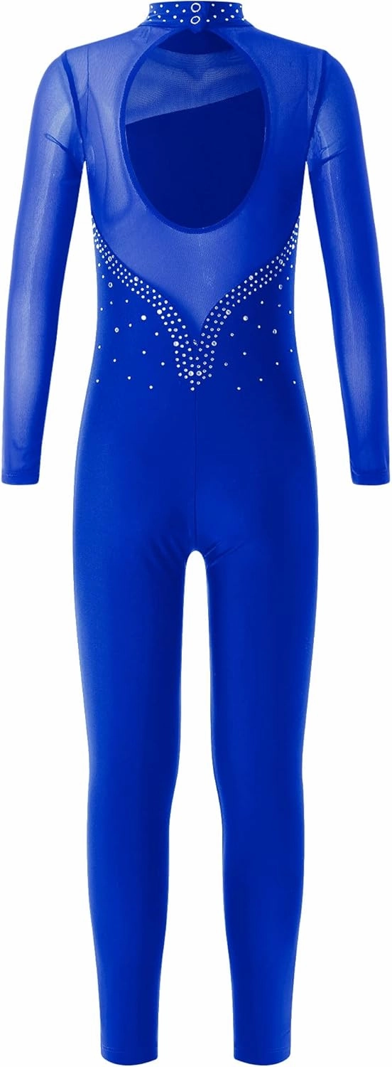 Kids Girls Long Sleeve Dance Gymnastics Leotard Full Body Rhinestone Figure Ice Skating Unitard Jumpsuit
