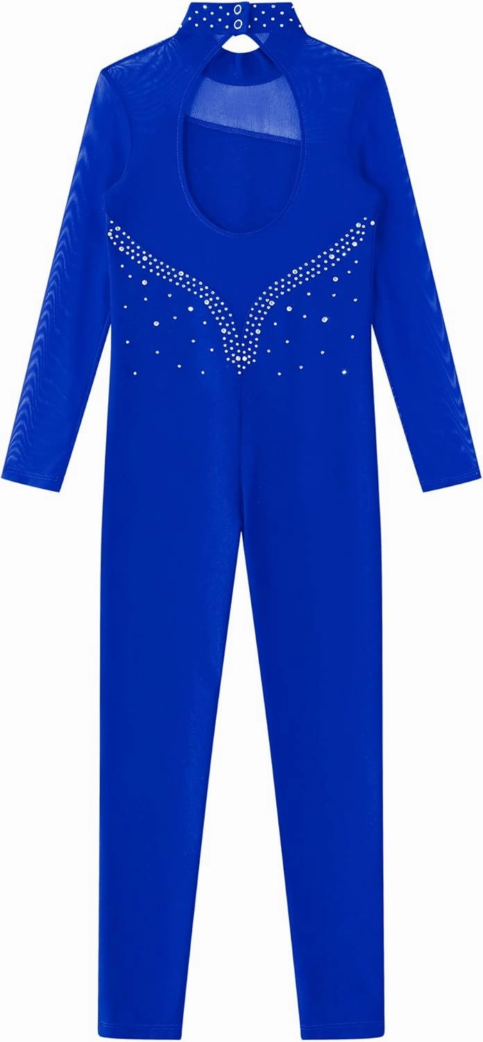 Kids Girls Long Sleeve Dance Gymnastics Leotard Full Body Rhinestone Figure Ice Skating Unitard Jumpsuit