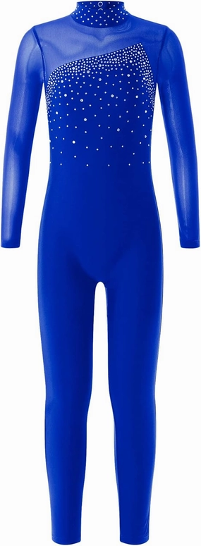 Kids Girls Long Sleeve Dance Gymnastics Leotard Full Body Rhinestone Figure Ice Skating Unitard Jumpsuit