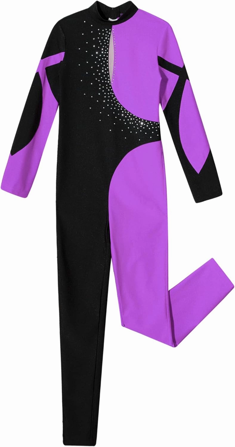 Kids Girls Long Sleeve Rhinestone Gymnastics Leotard Ballet Dance Unitard Figure Skating Jumpsuit