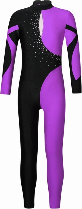 Kids Girls Long Sleeve Rhinestone Gymnastics Leotard Ballet Dance Unitard Figure Skating Jumpsuit