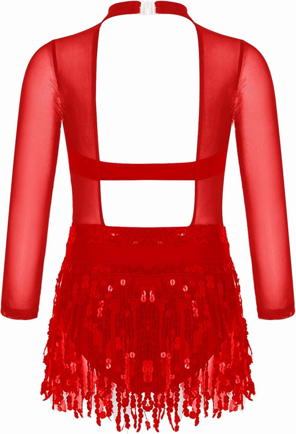 Kids Girls Sequins Tassel Latin Dance Dress Splice Mesh Long Sleeve Backless Leotard Samba Rumba Tango Costume