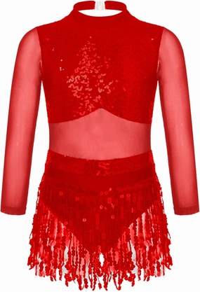 Kids Girls Sequins Tassel Latin Dance Dress Splice Mesh Long Sleeve Backless Leotard Samba Rumba Tango Costume