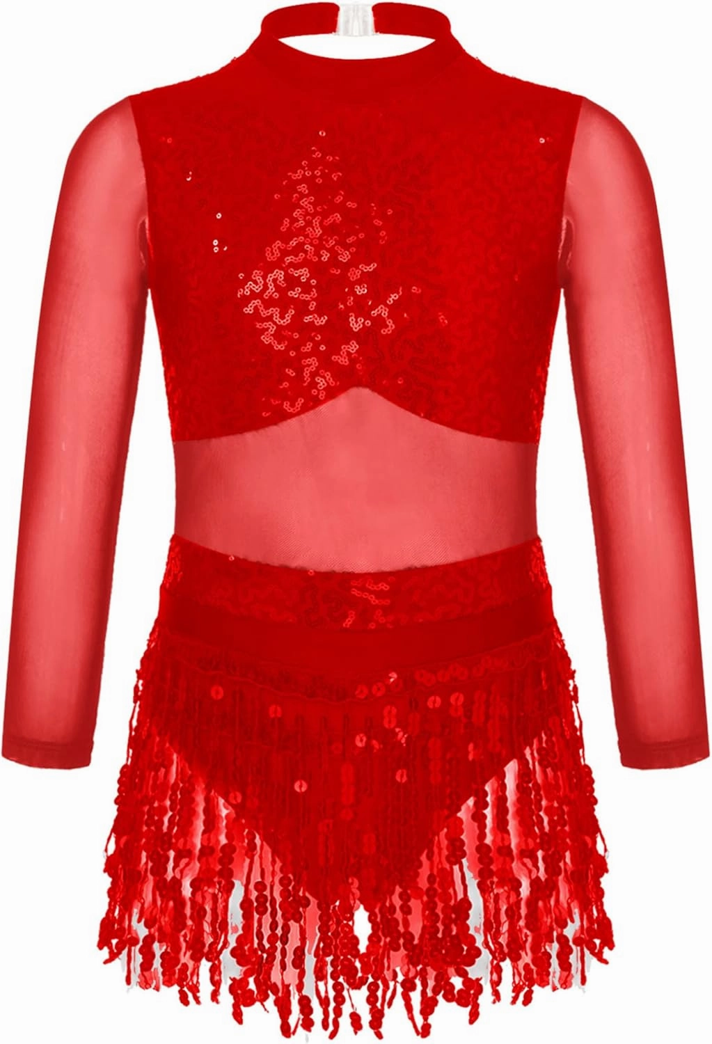 Kids Girls Sequins Tassel Latin Dance Dress Splice Mesh Long Sleeve Backless Leotard Samba Rumba Tango Costume