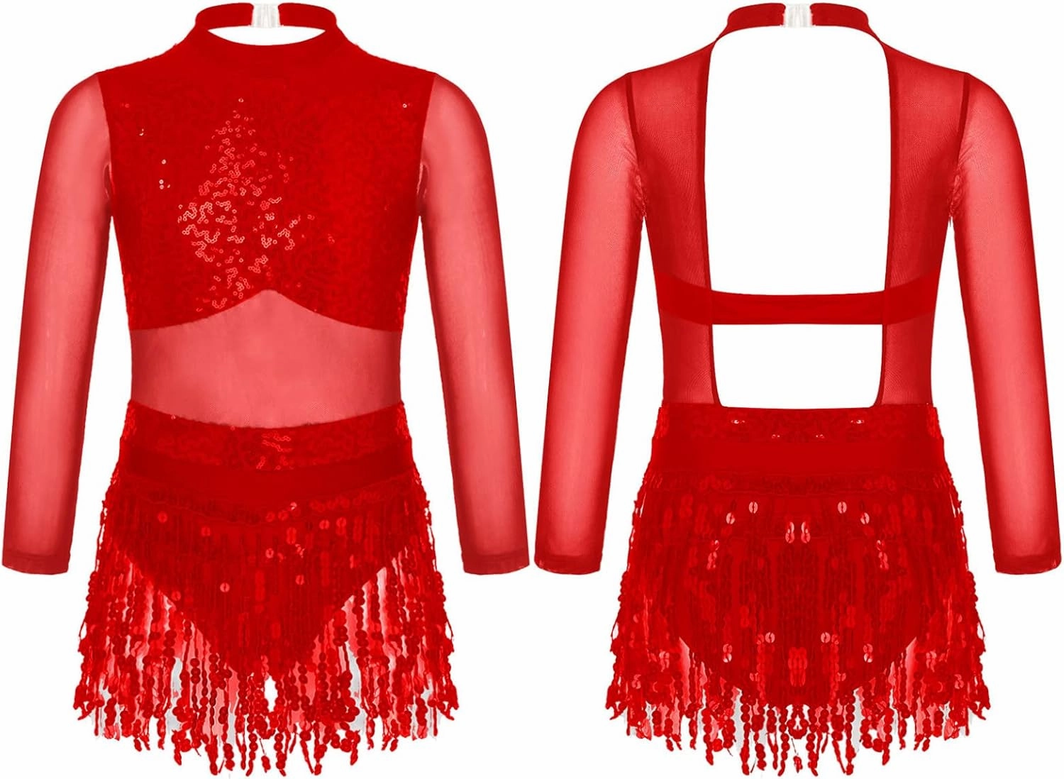 Kids Girls Sequins Tassel Latin Dance Dress Splice Mesh Long Sleeve Backless Leotard Samba Rumba Tango Costume