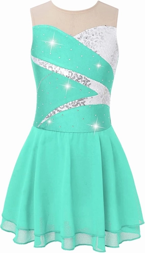 Kids Girls Shiny Rhinestone Sleeveless Figure Ice Roller Skating Dress Gymnastic Tutu Skirted Leotard Costume Light Green 8 Years