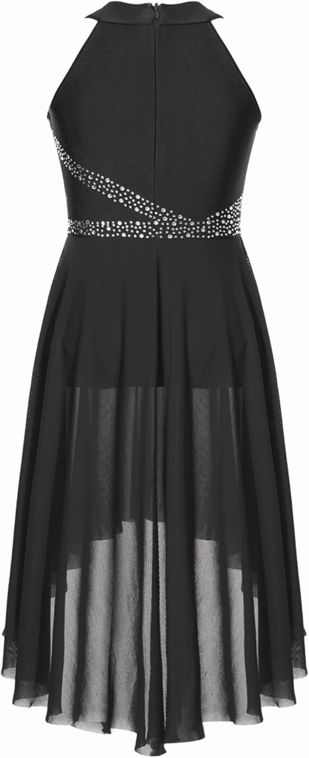 Kids Girls Sleeveless Glitter Rhinestone Figure Skating Dress Lyrical Contemporary Dance Performance Dress