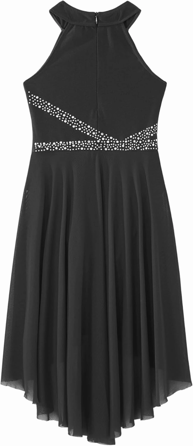 Kids Girls Sleeveless Glitter Rhinestone Figure Skating Dress Lyrical Contemporary Dance Performance Dress