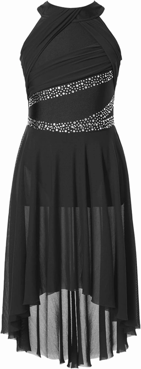 Kids Girls Sleeveless Glitter Rhinestone Figure Skating Dress Lyrical Contemporary Dance Performance Dress
