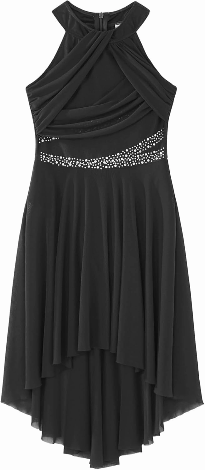 Kids Girls Sleeveless Glitter Rhinestone Figure Skating Dress Lyrical Contemporary Dance Performance Dress