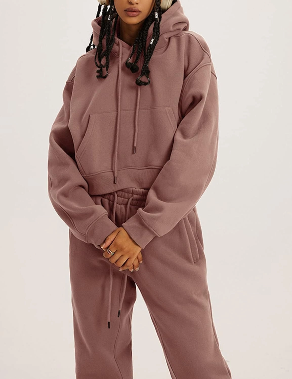 Kissonic Women's Fleece Jogger Sets 2 Pieces Sweatsuits Outfits Crop Top Hoodies Jogger Pants