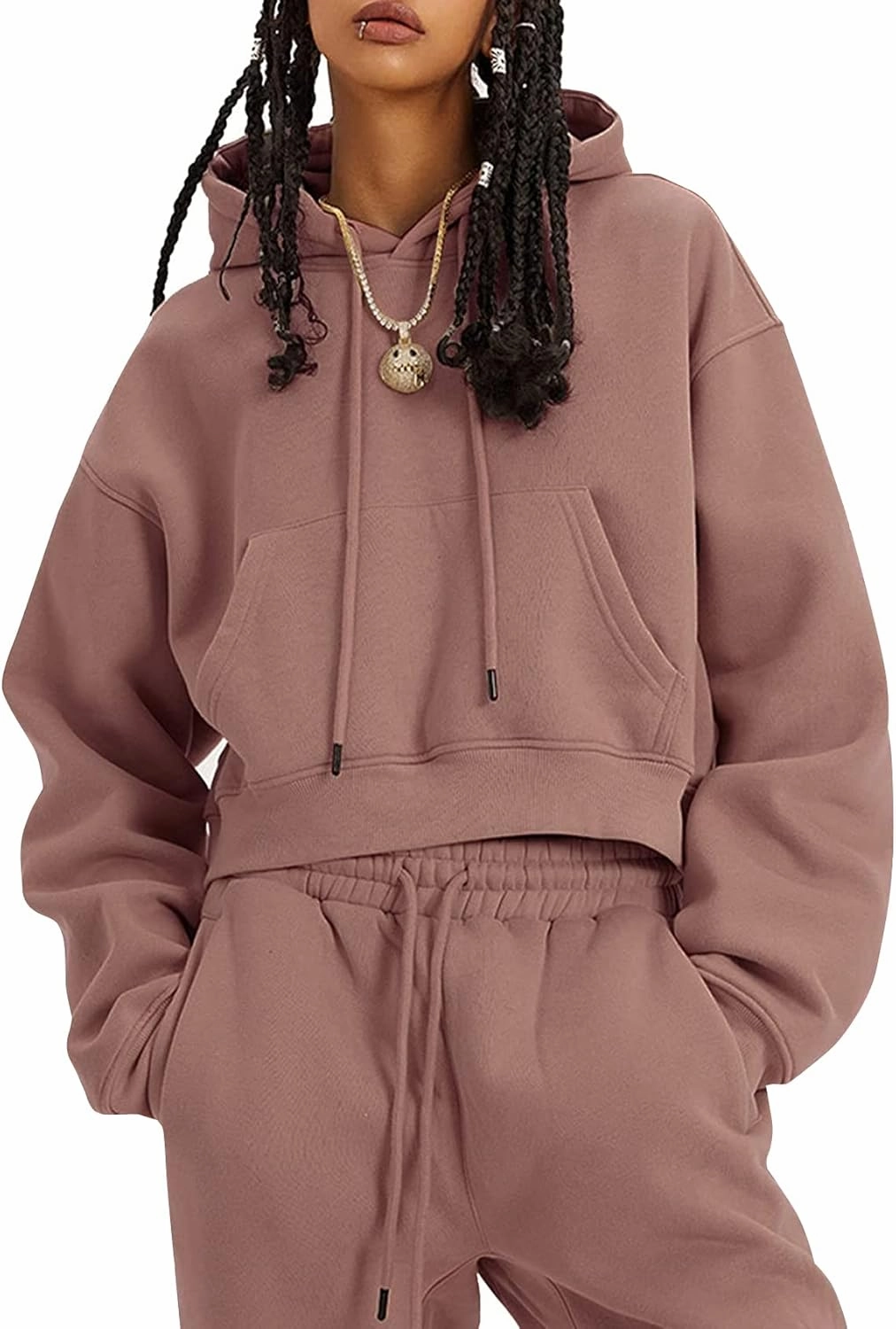 Kissonic Women's Fleece Jogger Sets 2 Pieces Sweatsuits Outfits Crop Top Hoodies Jogger Pants