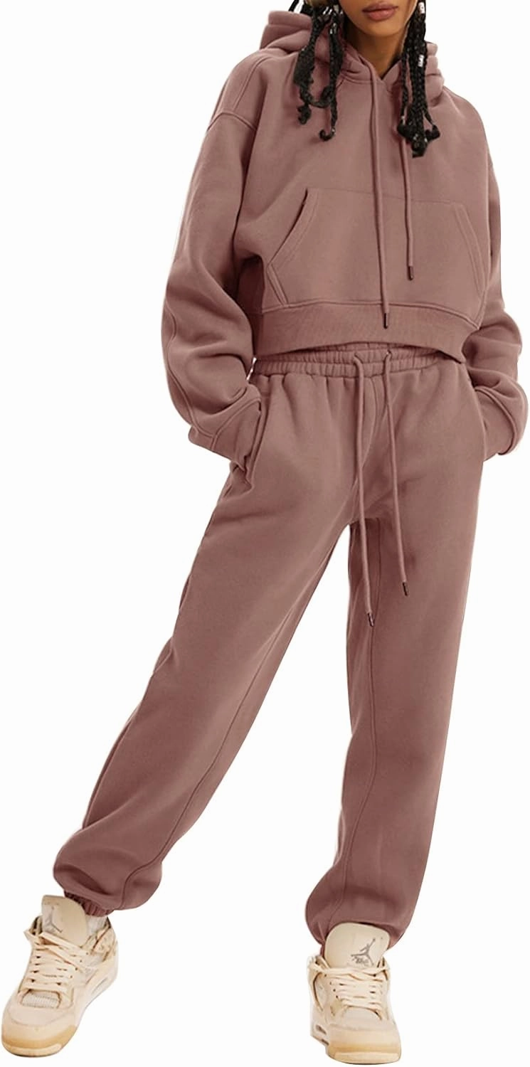Kissonic Women's Fleece Jogger Sets 2 Pieces Sweatsuits Outfits Crop Top Hoodies Jogger Pants