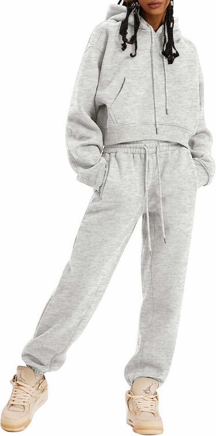 Kissonic Women's Fleece Jogger Sets 2 Pieces Sweatsuits Outfits Crop Top Hoodies Jogger Pants