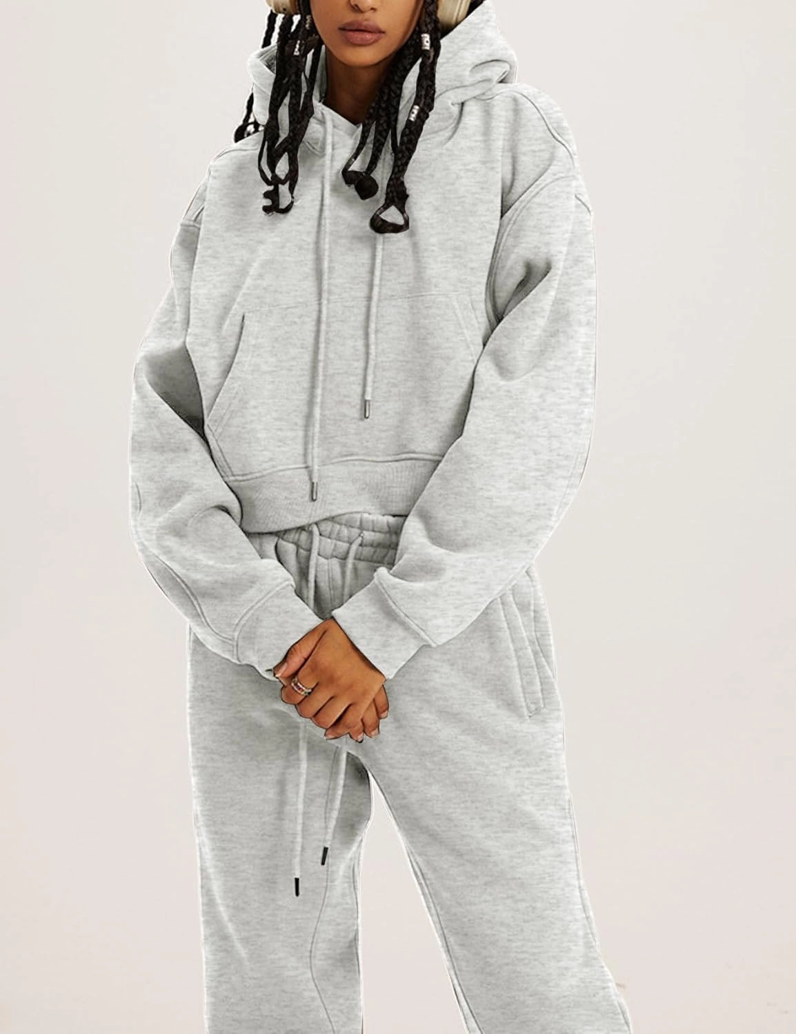 Kissonic Women's Fleece Jogger Sets 2 Pieces Sweatsuits Outfits Crop Top Hoodies Jogger Pants