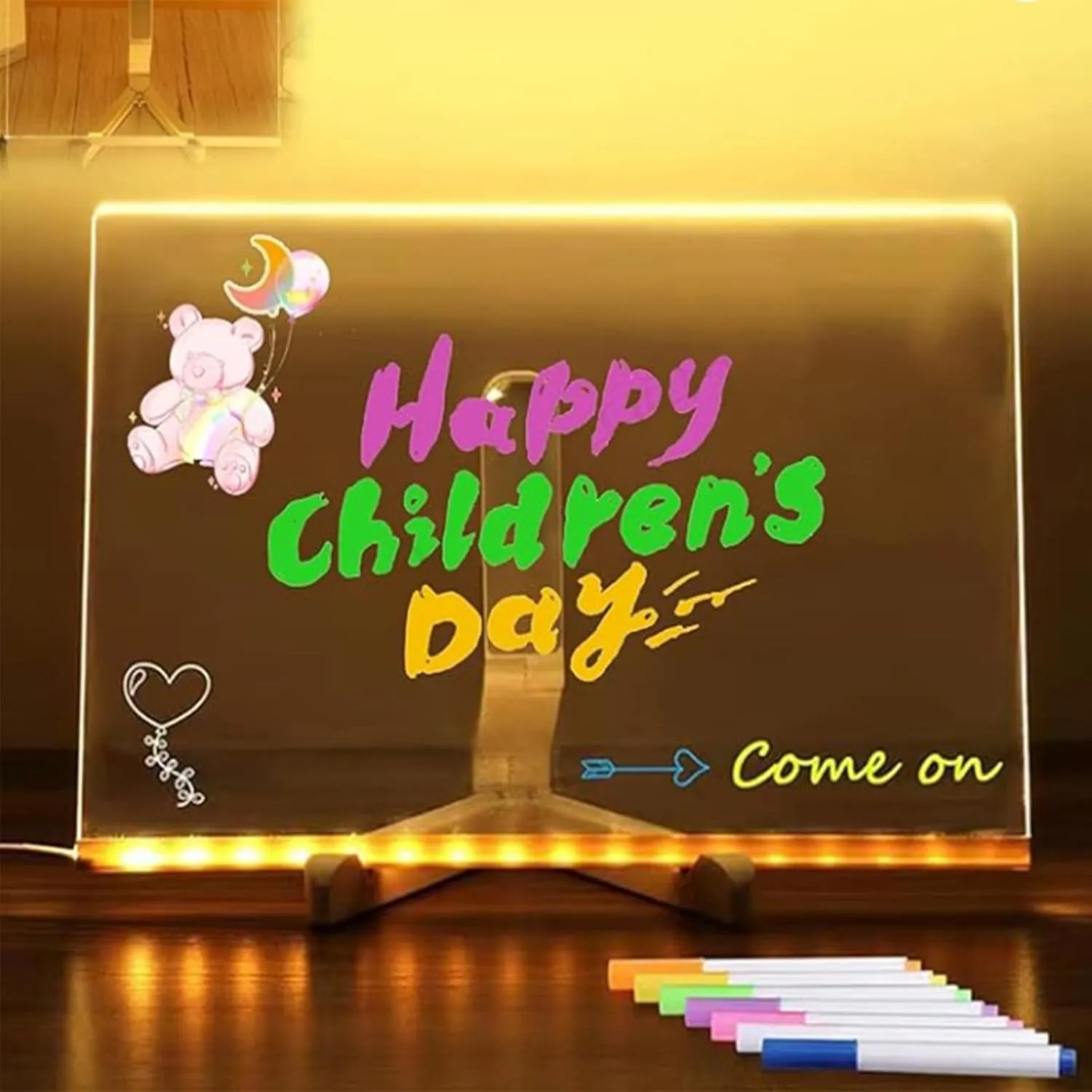 Kivvy Magic Board, LED Drawing Board for Kids with 7 Neon Pens, Foldable Stand for Creative Fun Light-Up Writing Tablet, Ideal Gift for Birthdays (7.9 * 7.9 in)