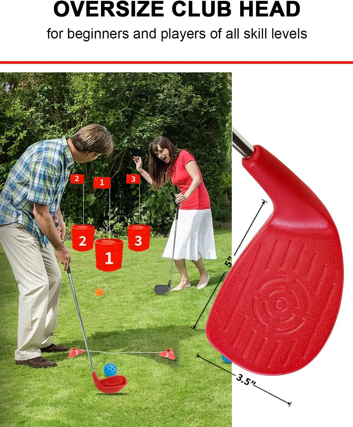 KOFULL Golf Bucket Clubs with Oversize Plastic Head, Golf Set with 2 Clubs, Steel Shaft Club for Backyard Yard,for Outdoor Games for Adults and Family, Hit Plastic Foam Balls，36", Red/Gray