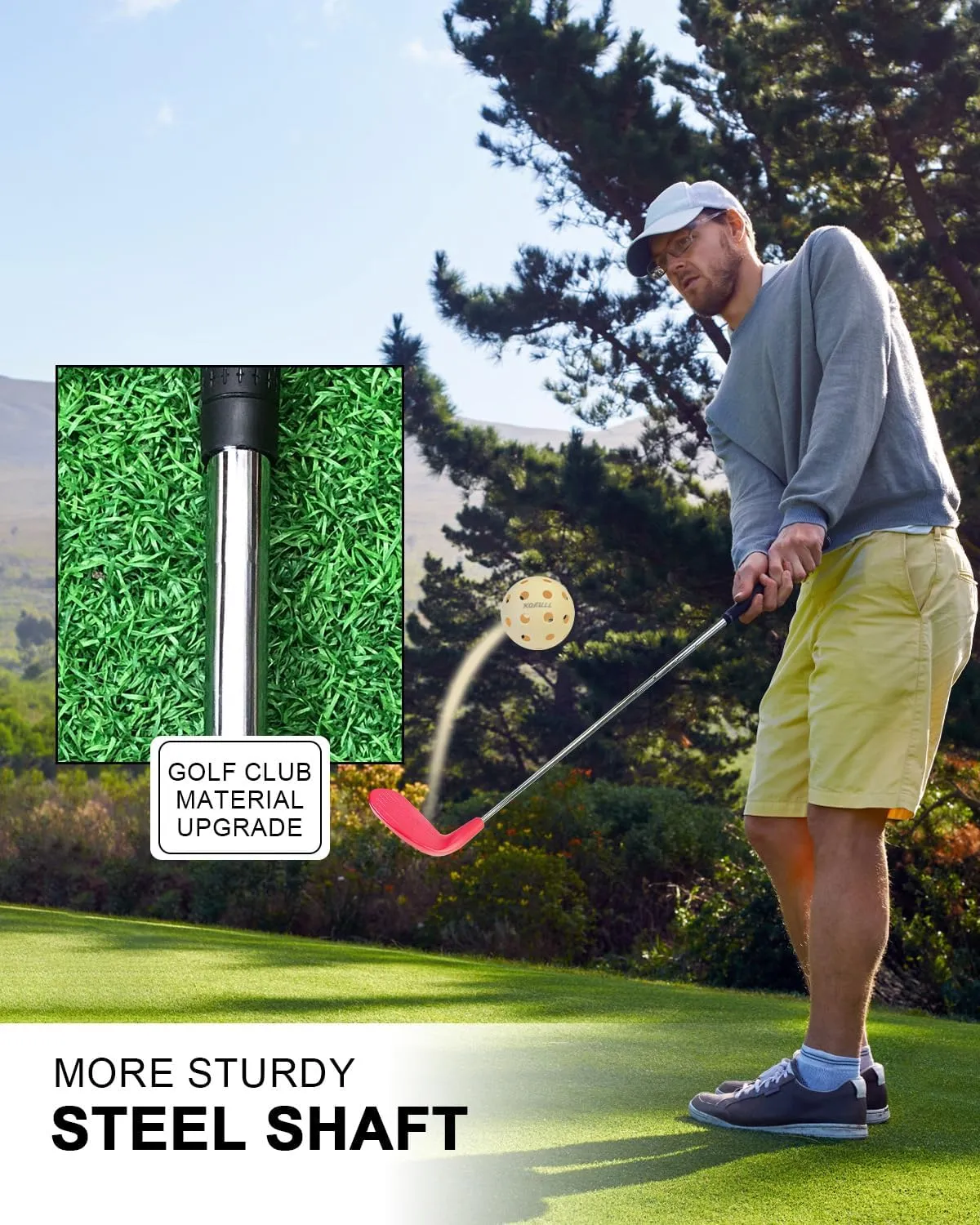 KOFULL Golf Bucket Clubs with Oversize Plastic Head, Golf Set with 2 Clubs, Steel Shaft Club for Backyard Yard,for Outdoor Games for Adults and Family, Hit Plastic Foam Balls，36", Red/Gray