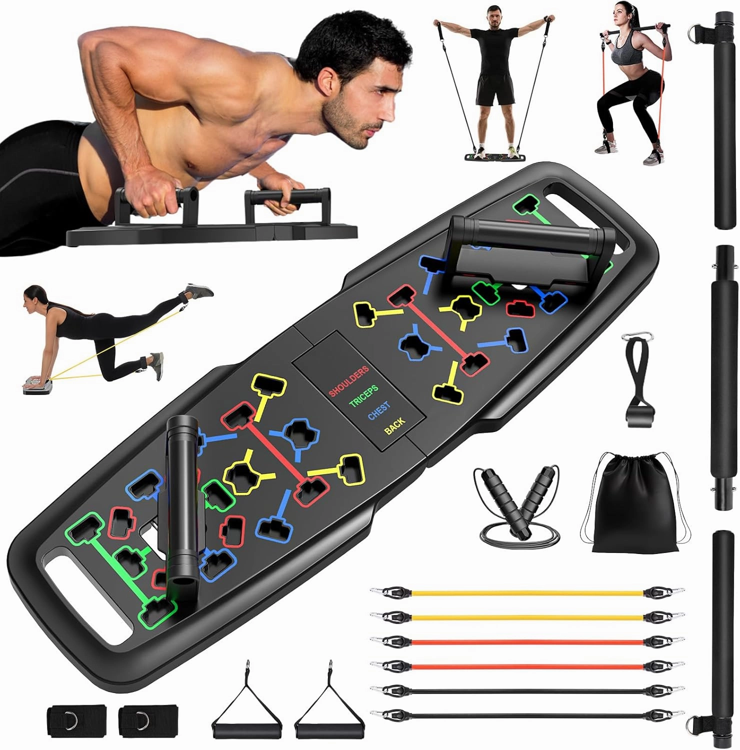 KUYOU Portable Home Gym Workout Equipment, Push Up Board, Pilates Bar & Fitness Accessories with Resistance Bands for Upper Body Strength Training Full Body Workout at Home