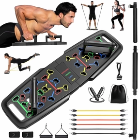 KUYOU Portable Home Gym Workout Equipment, Push Up Board, Pilates Bar & Fitness Accessories with Resistance Bands for Upper Body Strength Training Full Body Workout at Home