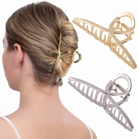 Large Metal Hair Claw Clips - Strong Hold Banana Hair Grips for Women's Hair Accessories, 2Pcs (Matte Gold, Matte Silver)