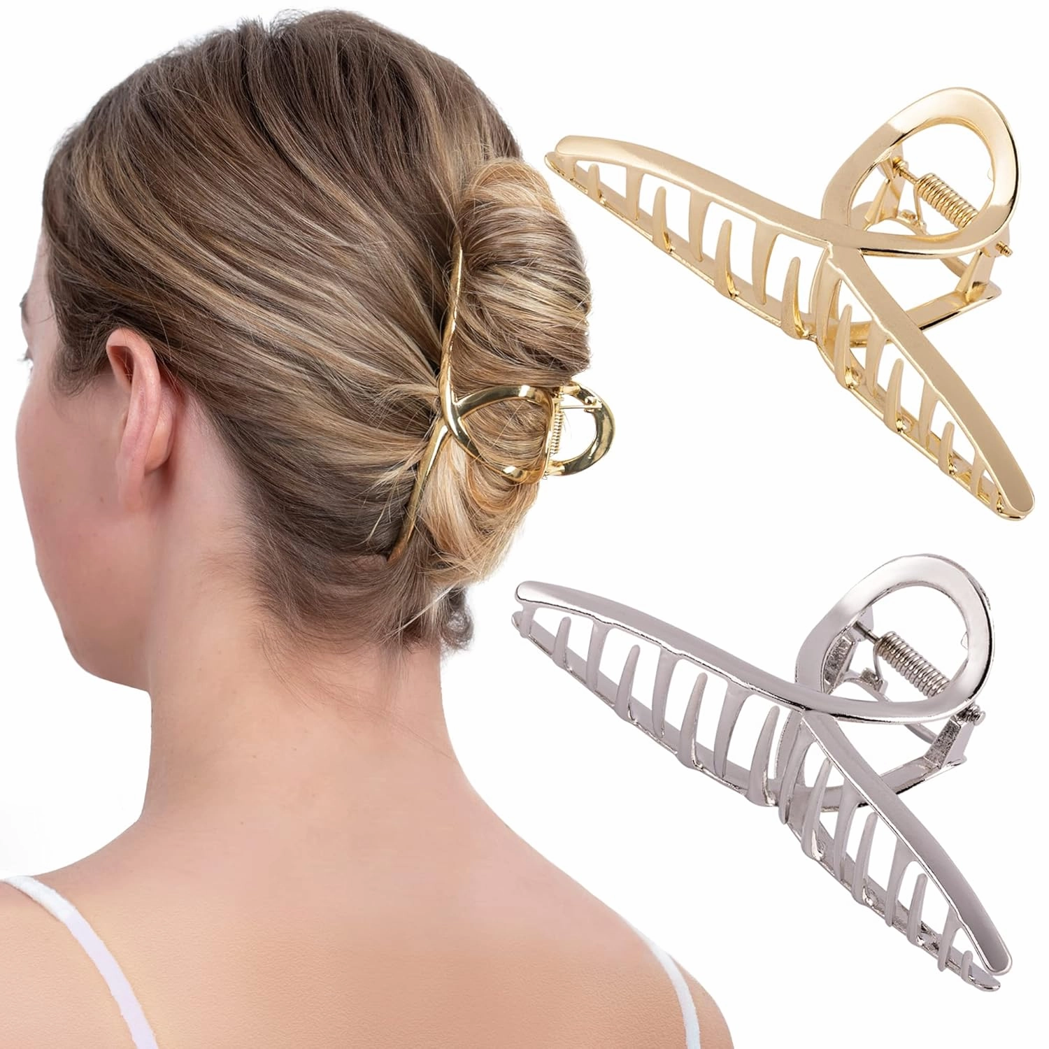 Large Metal Hair Claw Clips - Strong Hold Banana Hair Grips for Women's Hair Accessories, 2Pcs (Matte Gold, Matte Silver)