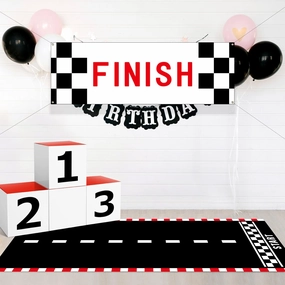 Large Racing Car Party Decorations 11.8'' x 11.8'' Podium Boxes Centerpiece Long Racetrack Floor Running Mat Finish Flag Banner with Rope for Race Car Birthday Baby Showers Classroom Party Decoration