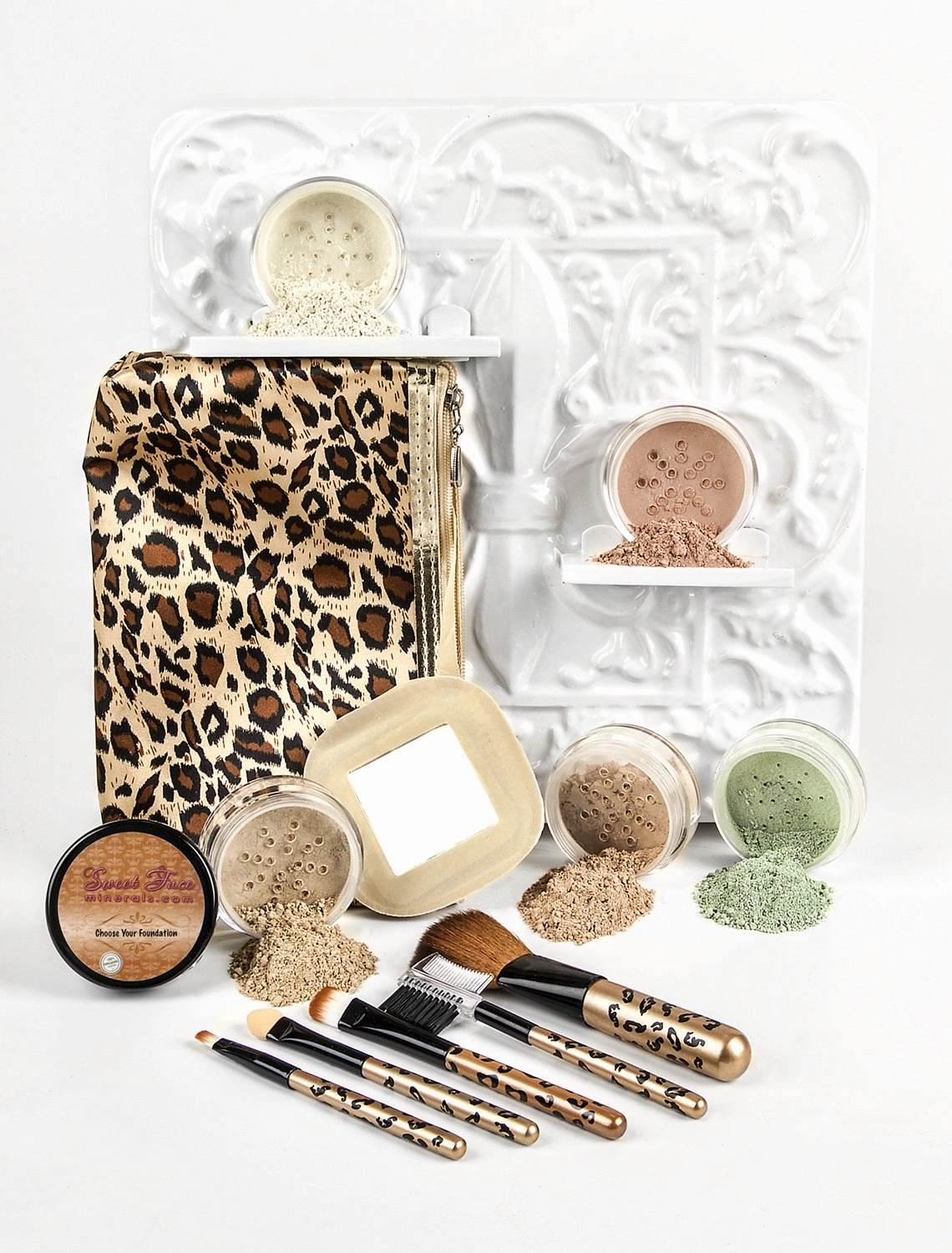 LEOPARD KIT w/BRUSH & BAG (DEEP TAN) Mineral Makeup Set Bare Face Sheer Powder Matte Foundation Cover