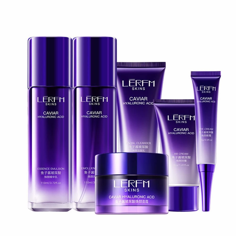 LERMF SKINS Caviar Hyaluronic Acid Face Care Set 6Pcs Cleanser Toner Lotion Cream Purify Brightening Firming Anti-wrinkle Anti-aging Nourishing Moisturizing Hydrating Repairing for Delicate Smooth Radiant Youthful Skin