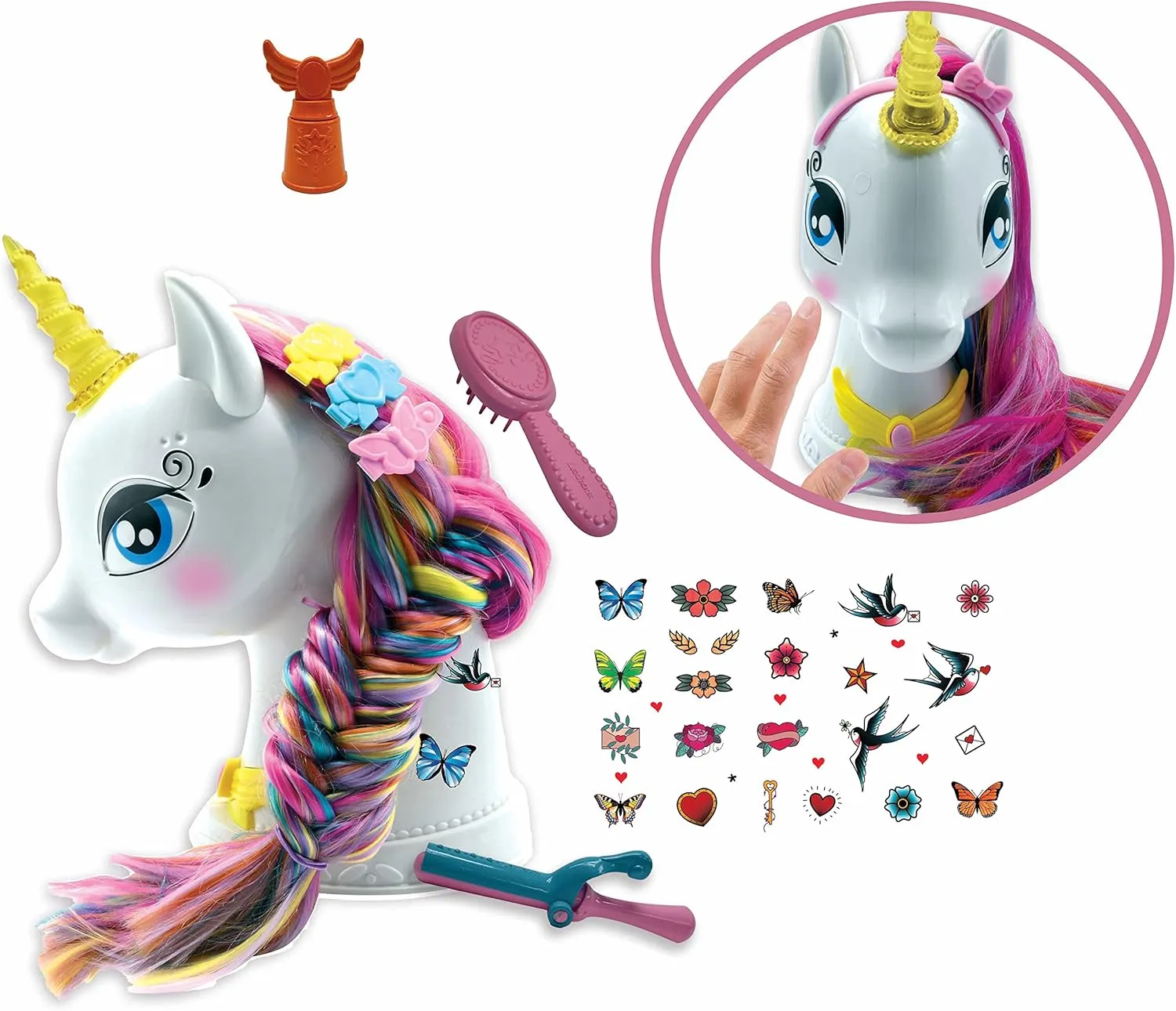 LEXiBOOK - Interactive Unicorn Hair Styling Head, Long and Silky Hair, Interactive, Magic Music and Accessories, for Kids 3 , White/Pink - SHUNI