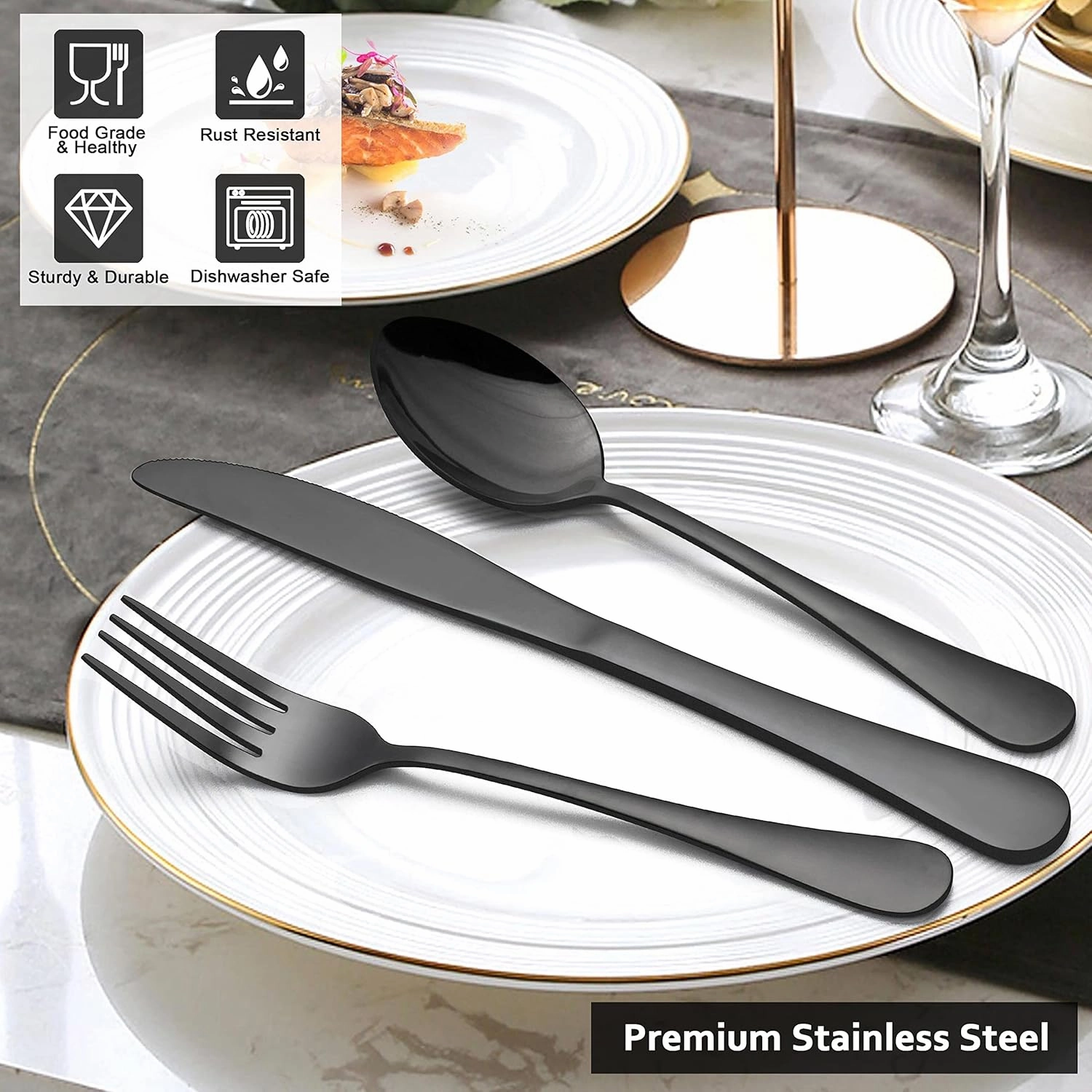 LIANYU 48-Piece Black Silverware Set with Steak Knives, Stainless Steel Flatware Cutlery Set for 8, Modern Eating Utensils Tableware, Mirror Finish, Dishwasher Safe