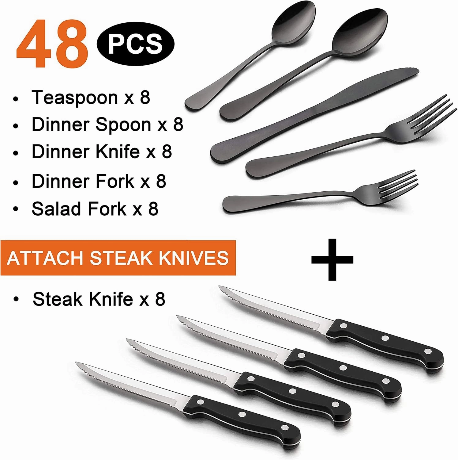 LIANYU 48-Piece Black Silverware Set with Steak Knives, Stainless Steel Flatware Cutlery Set for 8, Modern Eating Utensils Tableware, Mirror Finish, Dishwasher Safe