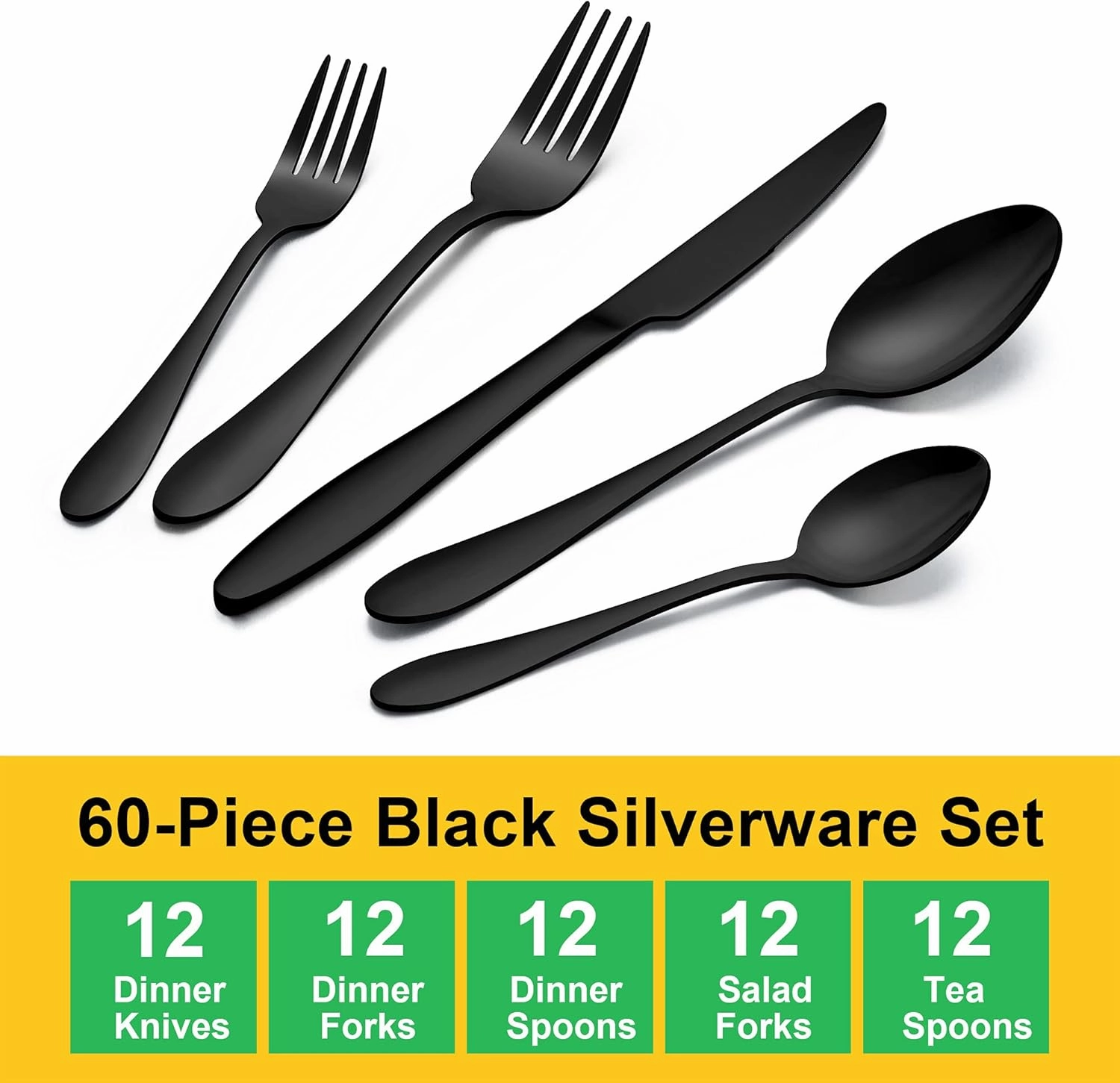 LIANYU 60-Piece Black Silverware Set for 12, Stainless Steel Flatware Cutlery Set, Tableware Eating Utensils Include Forks Knives Spoons, Mirror Polished, Dishwasher Safe