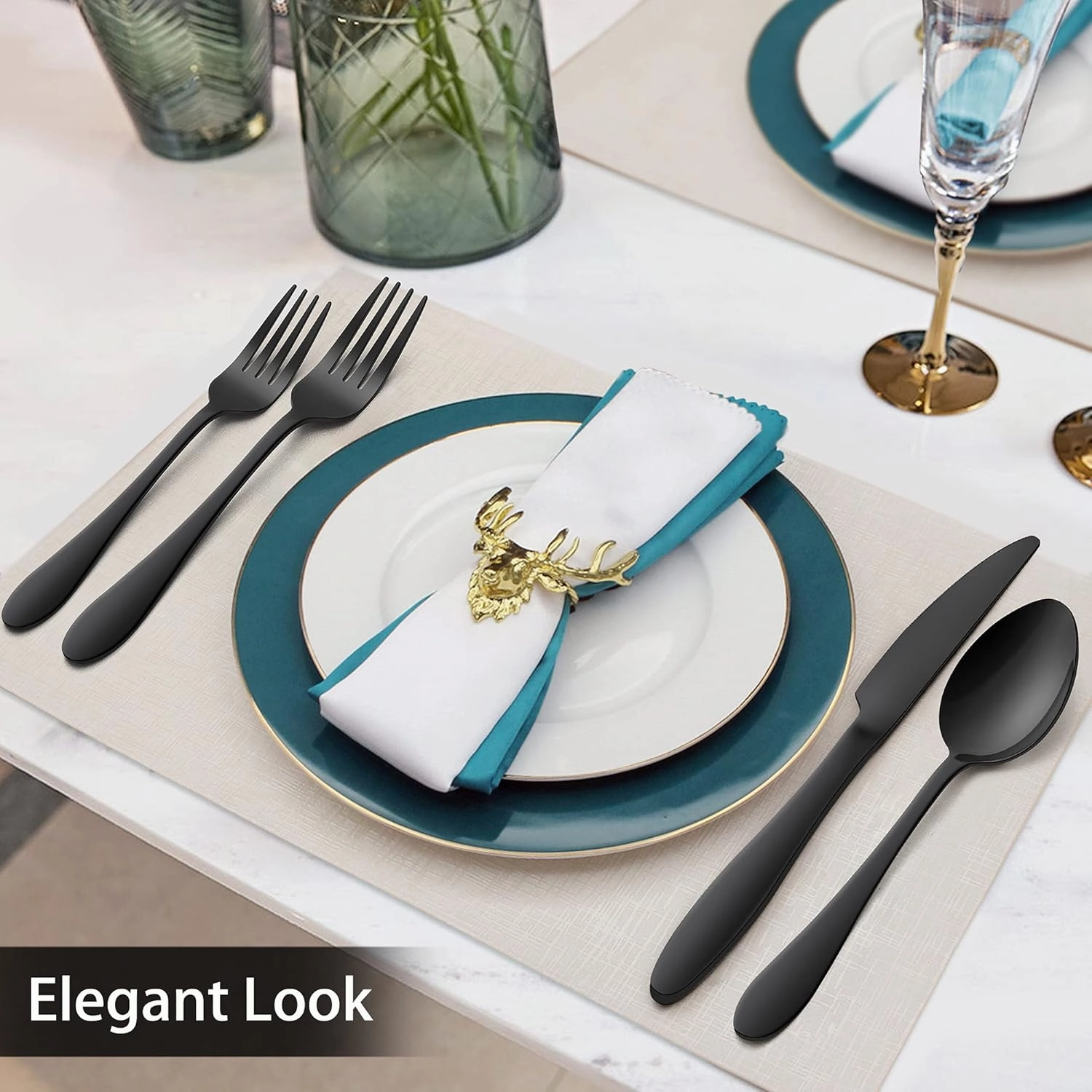 LIANYU 60-Piece Black Silverware Set for 12, Stainless Steel Flatware Cutlery Set, Tableware Eating Utensils Include Forks Knives Spoons, Mirror Polished, Dishwasher Safe