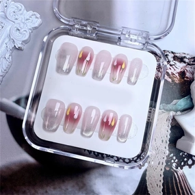 Light Luxury Handmade Nails Shiny Blush Coffin Press on Nails French Tips Nail Art Decoration for Women and Girls Manicure 10PCS (S)