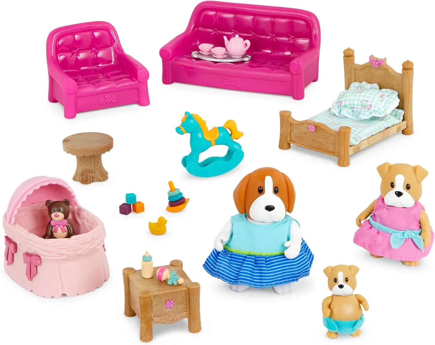 Li'l Woodzeez - Dollhouse Furniture Set - Living Room & Nursery with 26 Pieces Including Sofa, Crib & Miniatures - Toddler Doll House with 3 Posable Figures for Ages 3 
