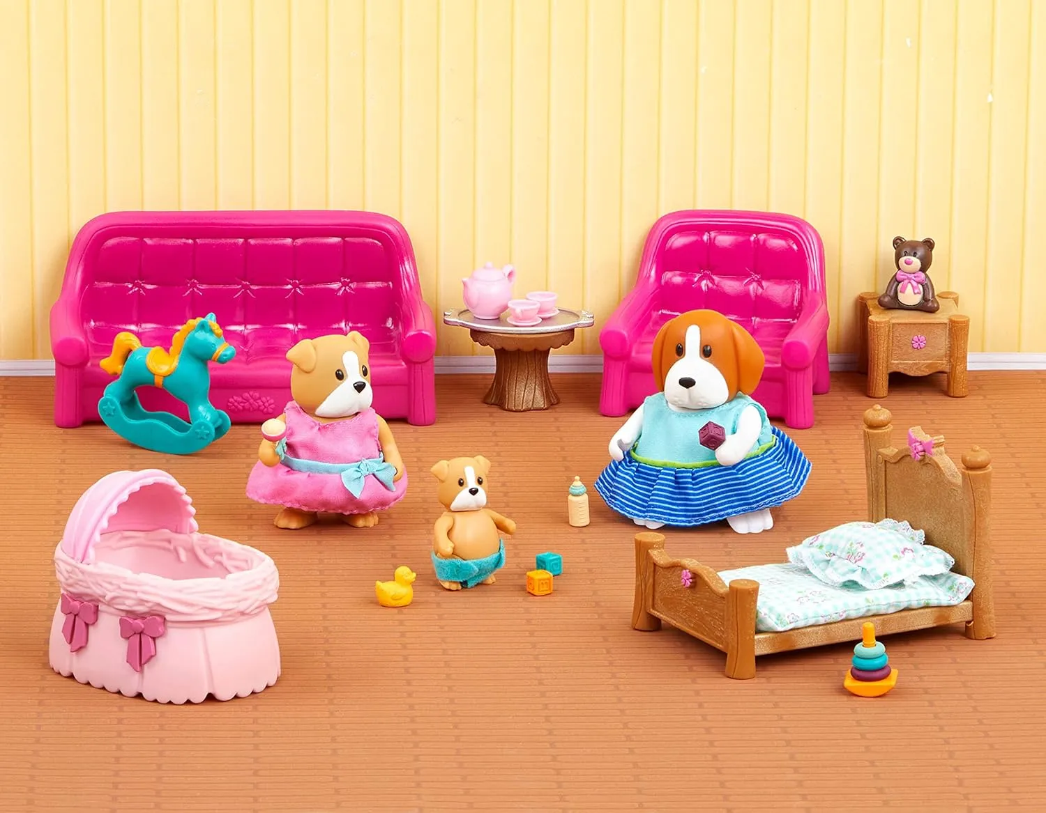 Li'l Woodzeez - Dollhouse Furniture Set - Living Room & Nursery with 26 Pieces Including Sofa, Crib & Miniatures - Toddler Doll House with 3 Posable Figures for Ages 3 