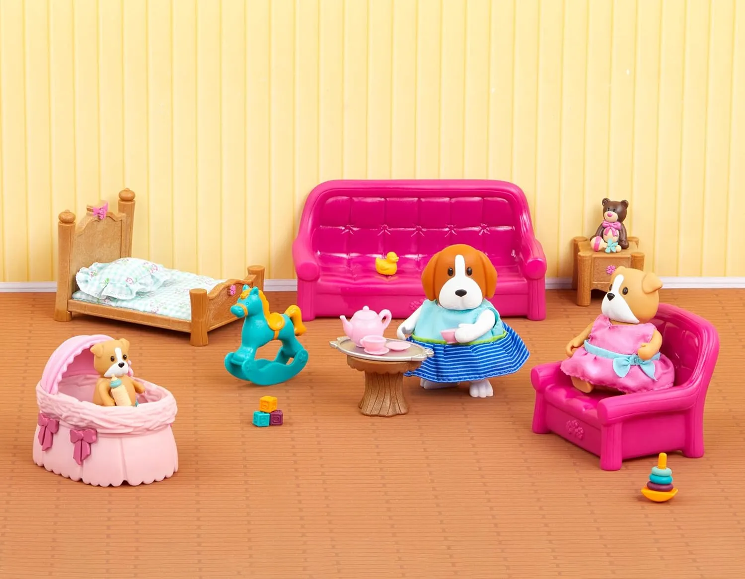 Li'l Woodzeez - Dollhouse Furniture Set - Living Room & Nursery with 26 Pieces Including Sofa, Crib & Miniatures - Toddler Doll House with 3 Posable Figures for Ages 3 