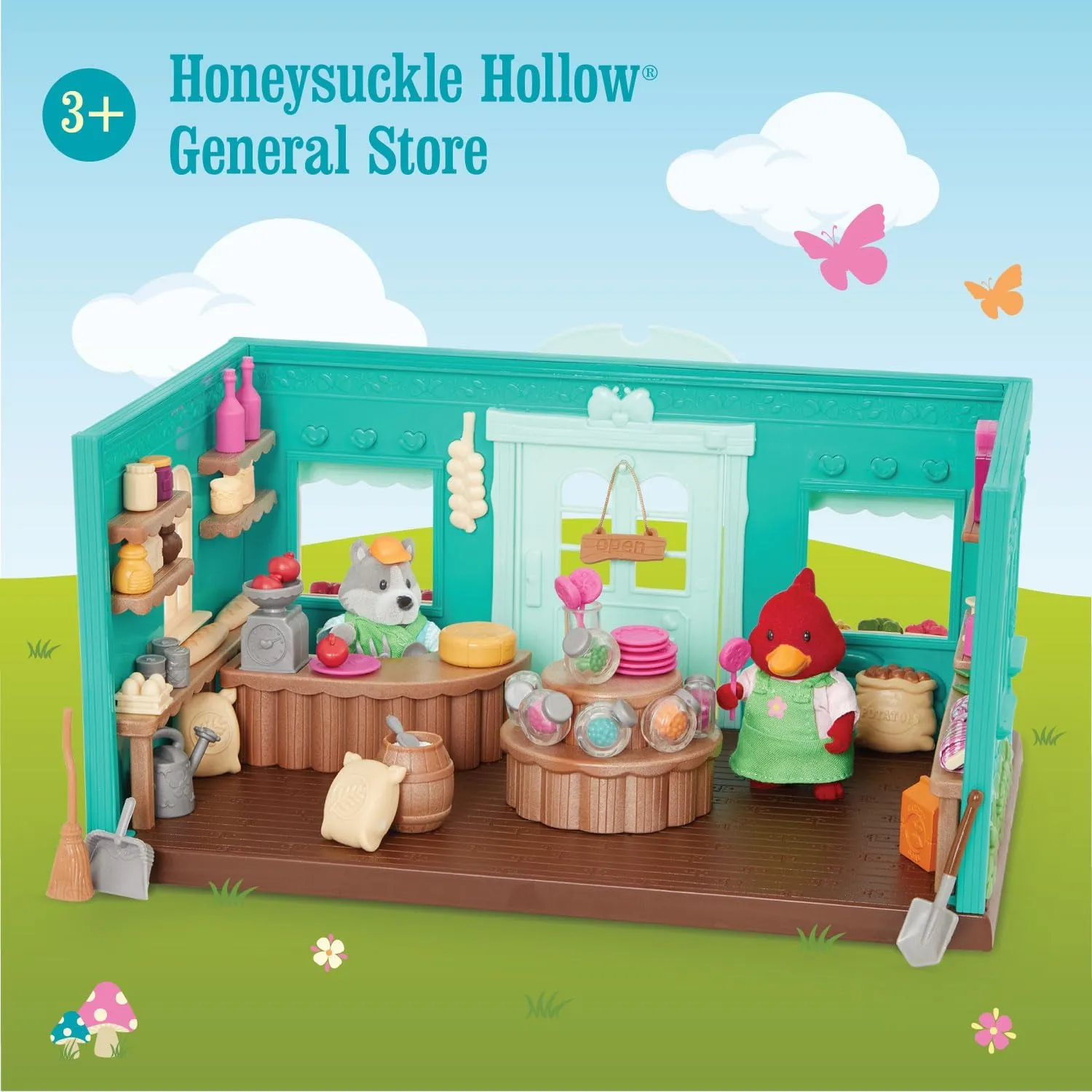 Li'l Woodzeez – General Store Dollhouse Playset 72Pcs – 2 Posable Doll Figures & 1 Storybook Included – Miniature Furnitures & Accessories – Stackable Playset for Kids 3 
