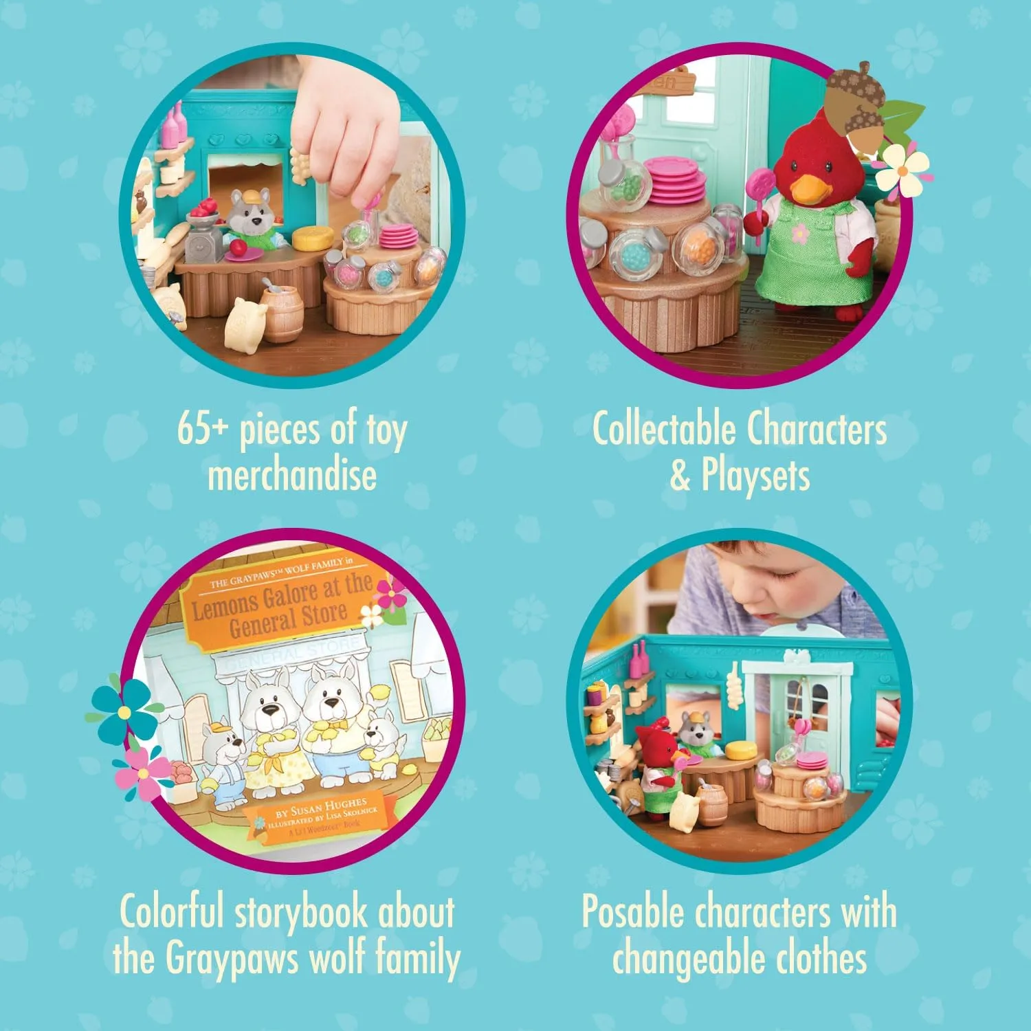 Li'l Woodzeez – General Store Dollhouse Playset 72Pcs – 2 Posable Doll Figures & 1 Storybook Included – Miniature Furnitures & Accessories – Stackable Playset for Kids 3 