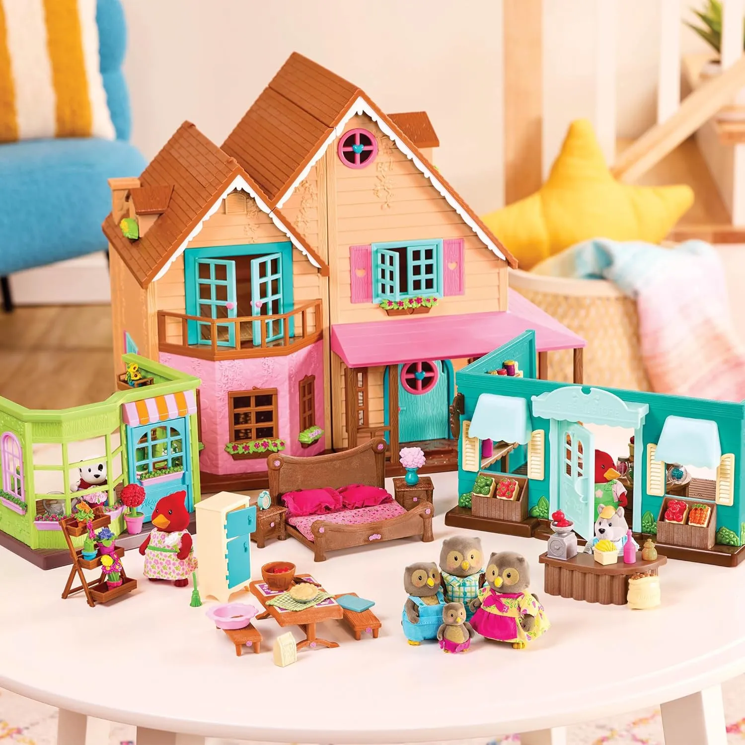 Li'l Woodzeez – General Store Dollhouse Playset 72Pcs – 2 Posable Doll Figures & 1 Storybook Included – Miniature Furnitures & Accessories – Stackable Playset for Kids 3 