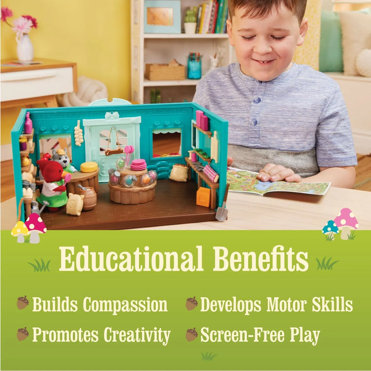 Li'l Woodzeez – General Store Dollhouse Playset 72Pcs – 2 Posable Doll Figures & 1 Storybook Included – Miniature Furnitures & Accessories – Stackable Playset for Kids 3 