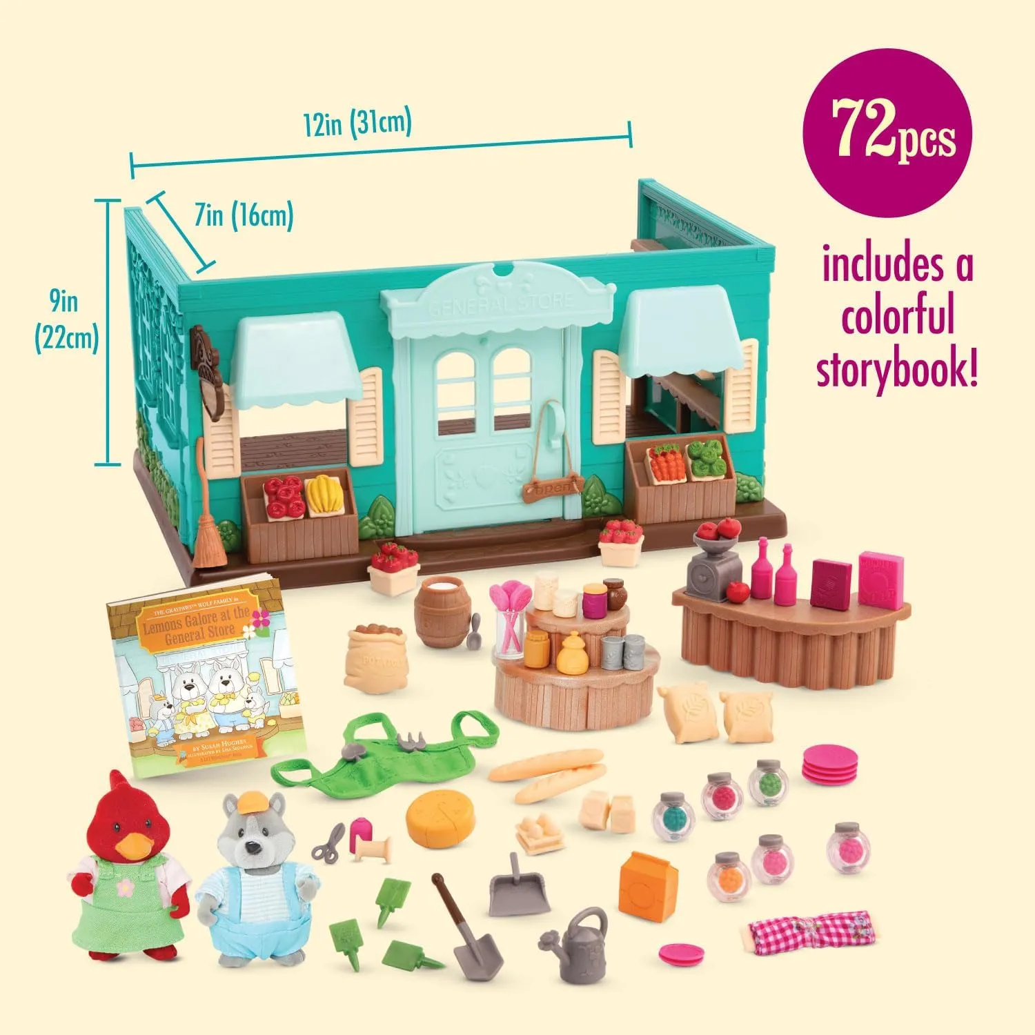 Li'l Woodzeez – General Store Dollhouse Playset 72Pcs – 2 Posable Doll Figures & 1 Storybook Included – Miniature Furnitures & Accessories – Stackable Playset for Kids 3 