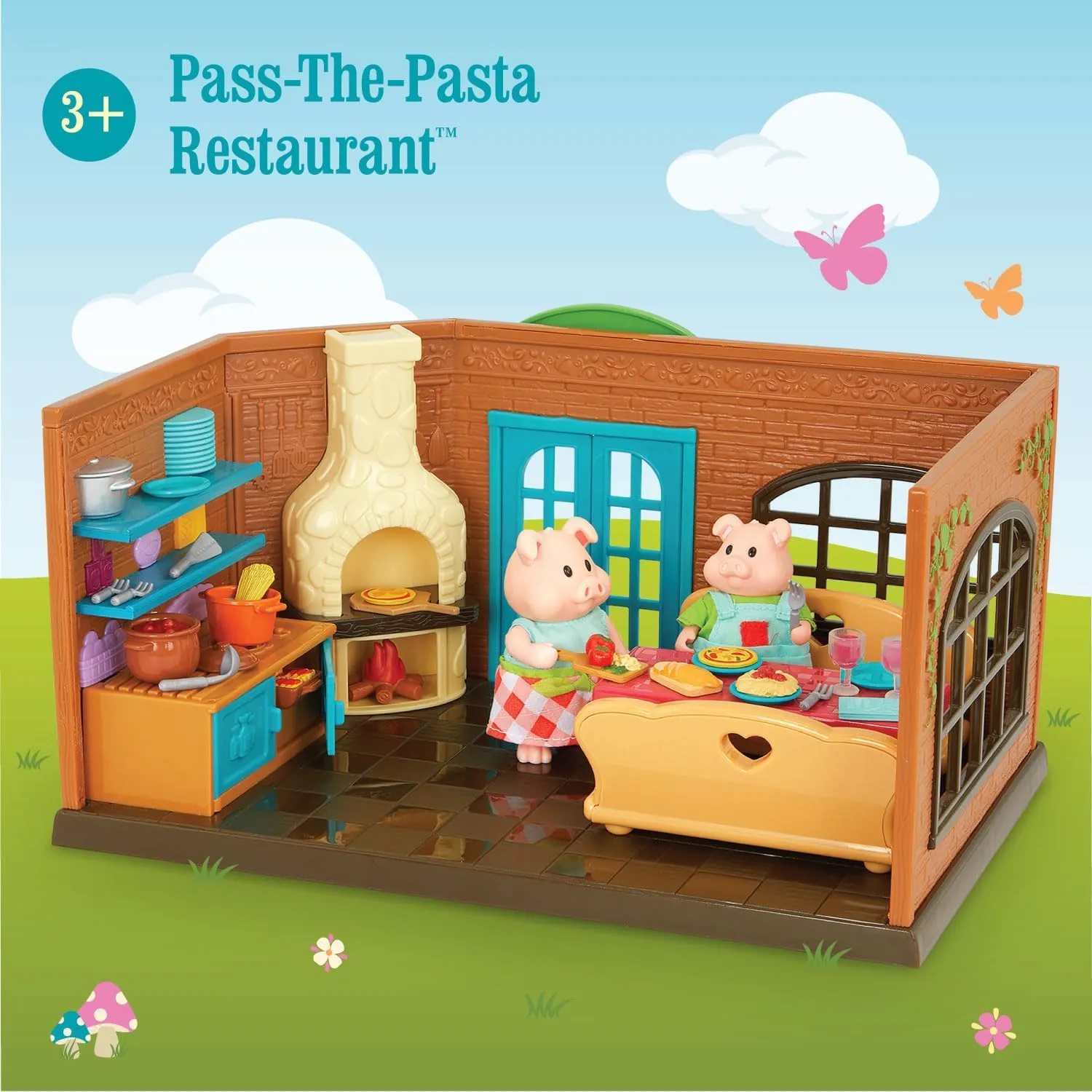 Li’l Woodzeez – Pass-The-Pasta Restaurant – 34Pcs Dollhouse Playset – 2 Posable Doll Figures & 1 Storybook Included – Miniature Furnitures & Accessories – Stackable Playset for Kids 3 