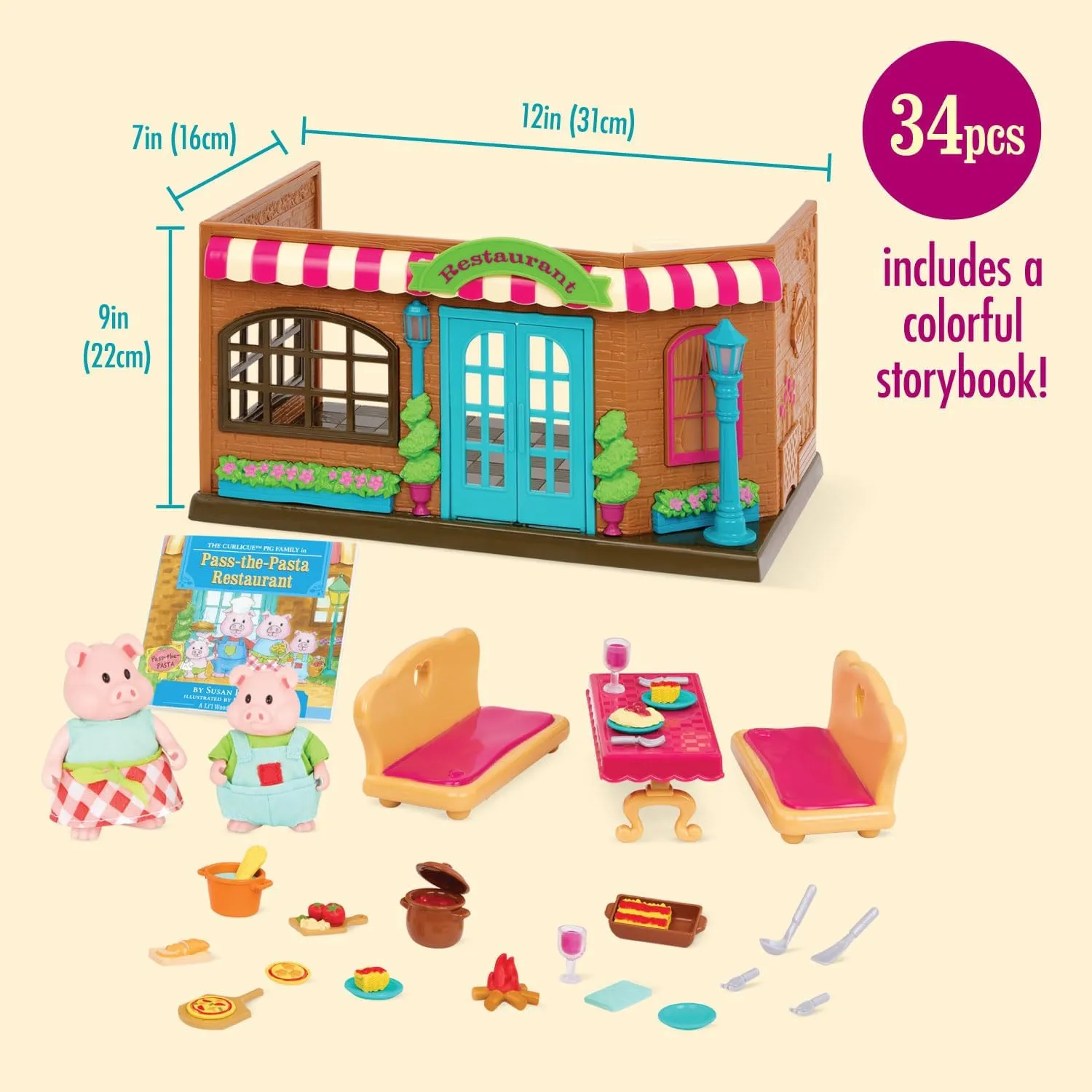 Li’l Woodzeez – Pass-The-Pasta Restaurant – 34Pcs Dollhouse Playset – 2 Posable Doll Figures & 1 Storybook Included – Miniature Furnitures & Accessories – Stackable Playset for Kids 3 