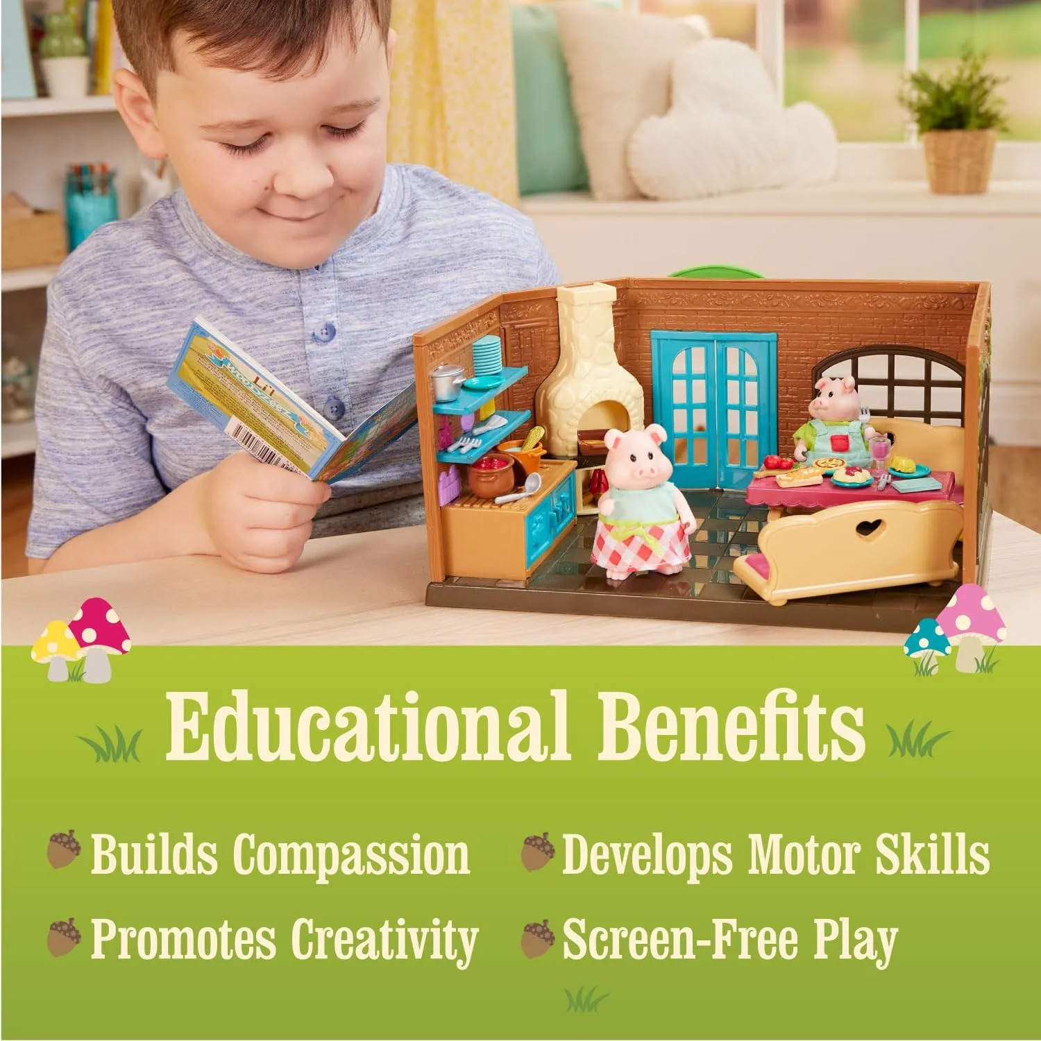 Li’l Woodzeez – Pass-The-Pasta Restaurant – 34Pcs Dollhouse Playset – 2 Posable Doll Figures & 1 Storybook Included – Miniature Furnitures & Accessories – Stackable Playset for Kids 3 