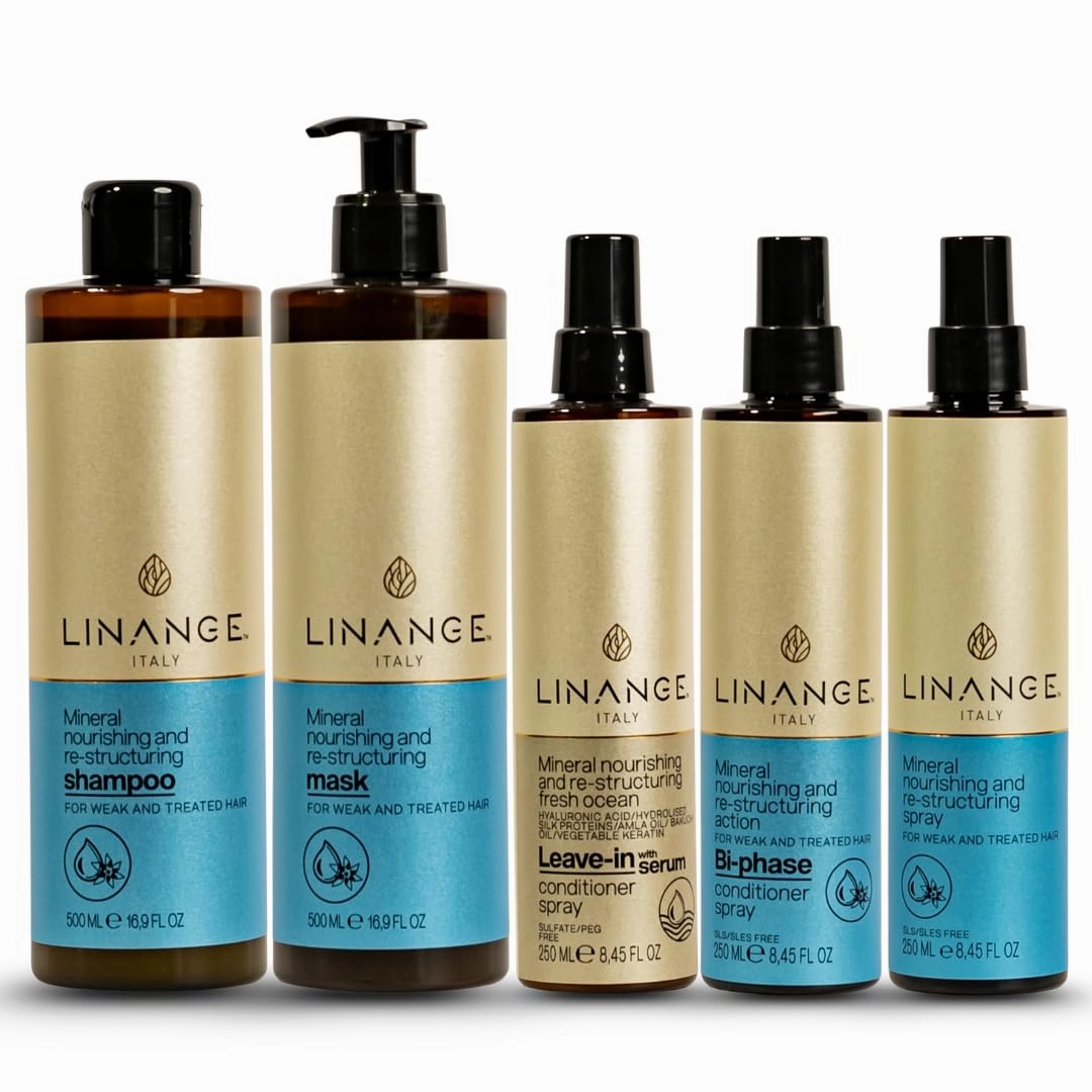 Linange Mineral Hair Care Home Kit | Nourishing Shampoo, Mask, Re-Constructing Spray, Bi-Phase Conditioner & Leave-In Serum | Restores Strength, Shine & Manageability for Damaged & Treated Hair